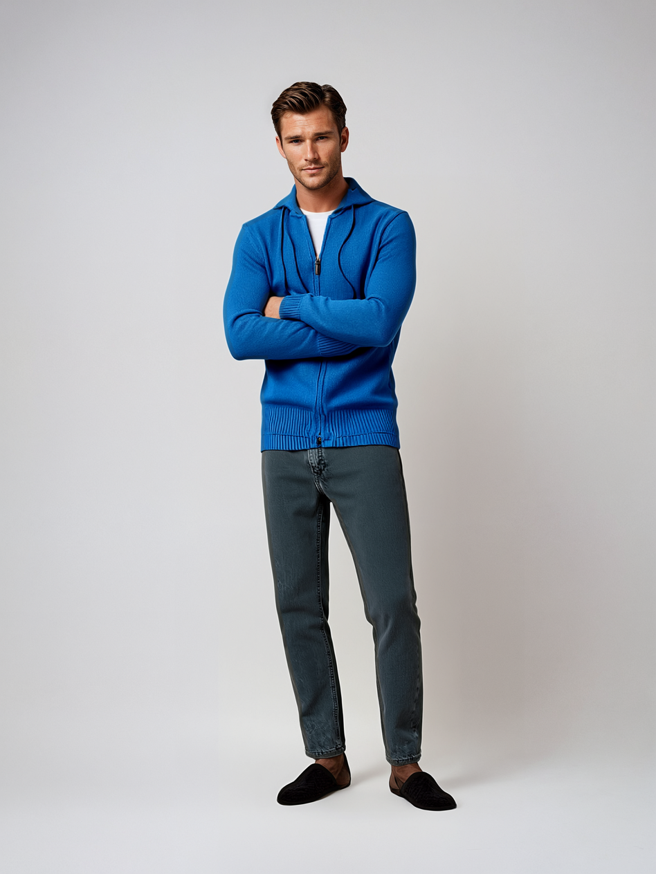 Cotton-Cashmere Full-Zip Hoodie — Azure & Rust