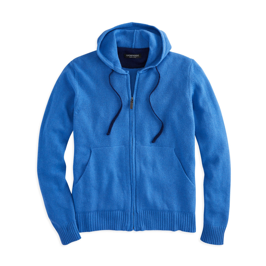 Cotton-Cashmere Full-Zip Hoodie — Azure & Rust