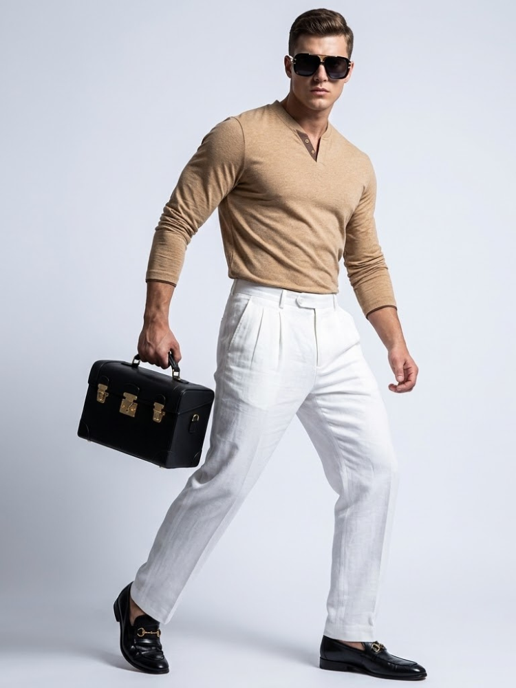 Henley Long-Sleeve Polo — Camel